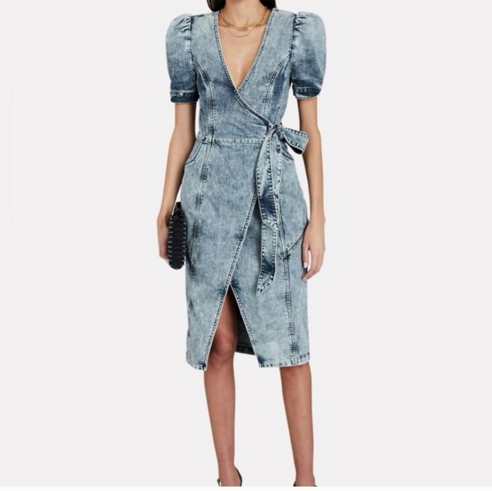 $545 RETROFETE, Zelda Acid-wash Demin Midi Wrap Dress Revolve